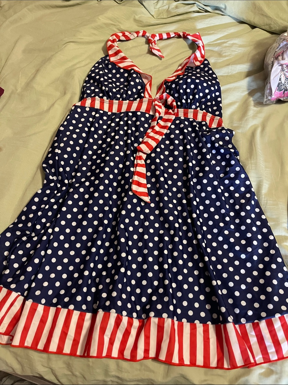 Navy Polka Dot Halter Dress with Red Stripe Trim